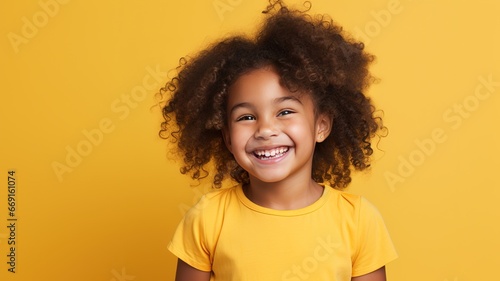 funny curly cute little smiling african american child school girl with a perfect smile and white teeth wearing yellow t-shirt looking at camera on yellow background with copy space. ai