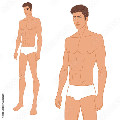 Male fashion model posing. Nine-head fashion figure template. Handsome young man, vector illustration. Man fashion colored croquis with face and hair.