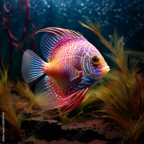 full body wide angle shot of a melting discus fish with moist rainbow-patterned skin  swimming in translucent water  fissidens fontanus moss in background  ultra-detailed  ray tracing 