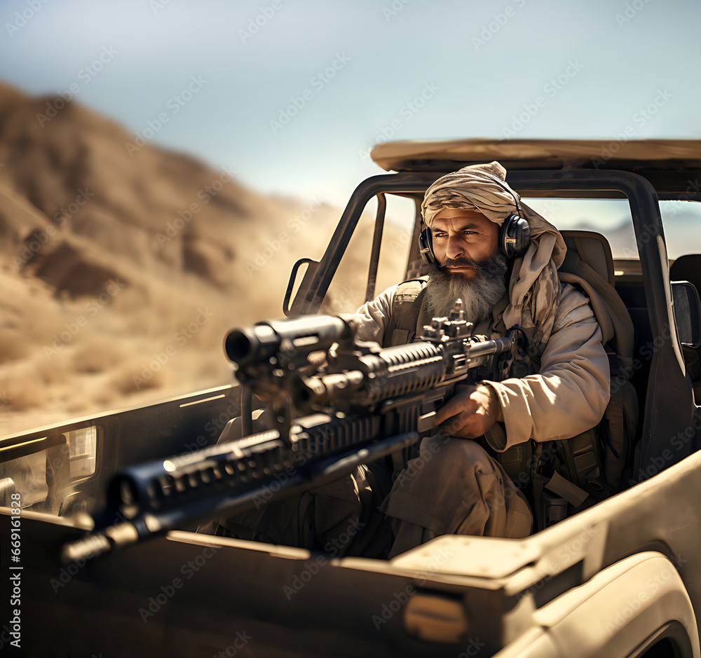 asian desert patrol pickup vehicle of the Afghanistan Army. pickup truck armed with heavy machine gun. Taliban uniform. Soldier, mujahideen special operation unit. rapid response squad. Generative ai asian desert patrol pickup vehicle of the Afghanistan Army. pickup truck armed with heavy machine gun. Taliban uniform. Soldier, mujahideen special operation unit. rapid response squad. Generative ai