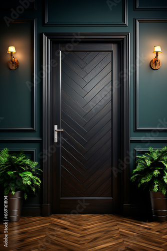 Luxury black door in a modern interior, in dark colors. Design interior.