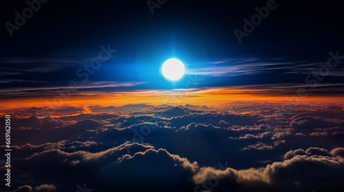 The sun over a dense layer of clouds. View from the window of the plane. Copy space. © Marina_Nov