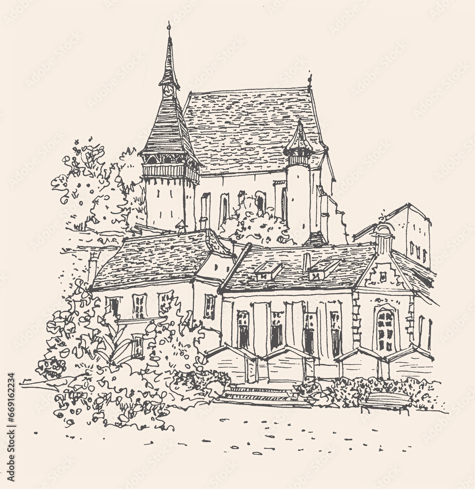 Retro sketch illustration of Biertan Fortified Church in the Transylvania region of Romania. Urban sketch in black color on beige background. A hand-drawn old building,  linear drawing on paper.
