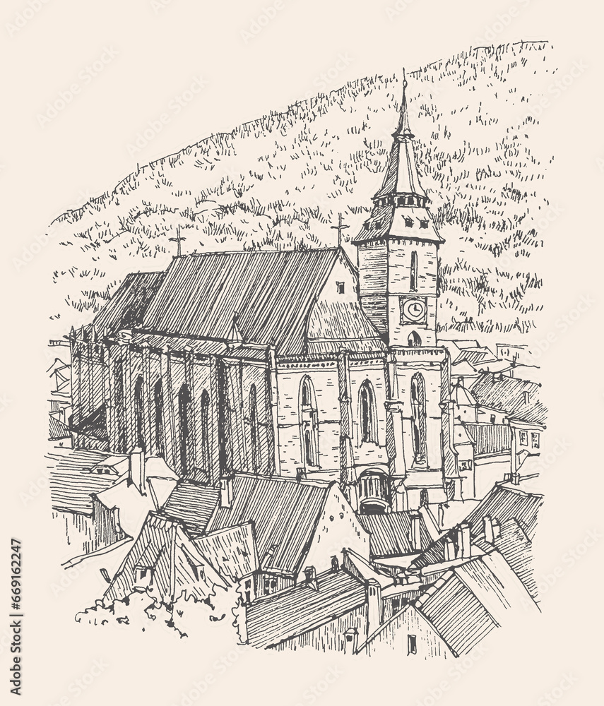 Travel sketch illustration of The Black Church in the city of Brașov in south-eastern Transylvania, Romania. Urban sketch in black color on beige background. A hand-drawn old building, a pen on paper.