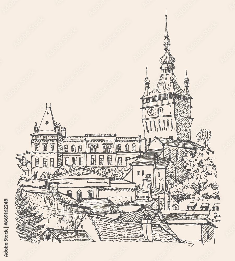 Travel sketch illustration of Sighisoara, a medieval fortress and Clock Tower in the Transylvania, Romania. Urban sketch in black color on beige background. A hand-drawn old building, linear drawing.