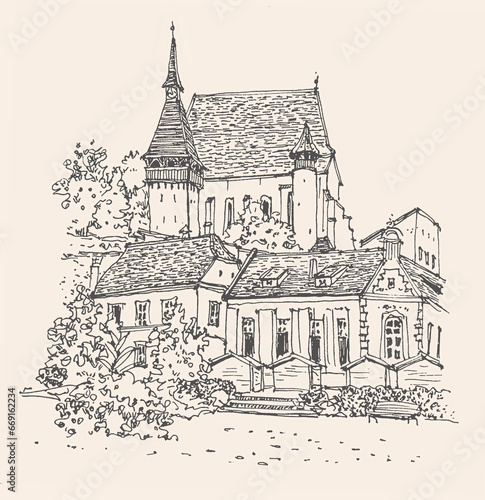 Retro sketch illustration of Biertan Fortified Church in the Transylvania region of Romania. Urban sketch in black color on beige background. A hand-drawn old building   linear drawing on paper.