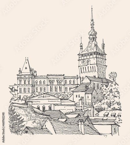 Travel sketch illustration of Sighisoara  a medieval fortress and Clock Tower in the Transylvania  Romania. Urban sketch in black color on beige background. A hand-drawn old building  linear drawing.