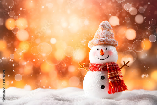 Christmas snowman, with carrot nose, hat and scarf, a charming presence in the festive scene. © Marcio