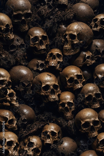 ai generative, Pile of crushed human skulls and bones in a dark room tomb