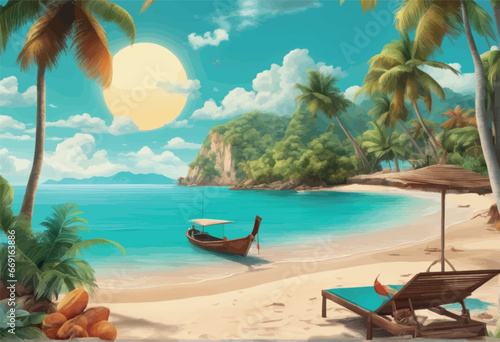 illustration of a beach with a tropical island illustration of a beach with a tropical island tropical beach, sea, ocean, beach, summer vacation, 3d illustration