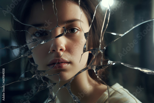 Gesicht eines Mädchens in einem zerbrochenen Spiegel