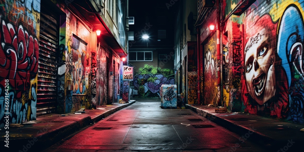 Graffiti art on the walls of a dark alley , concept of Diverse expressions