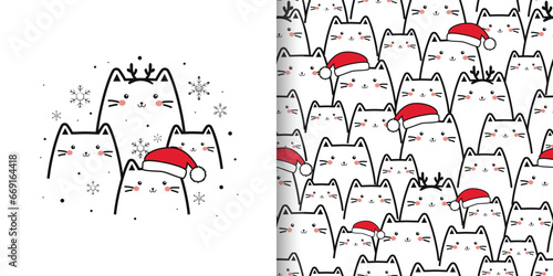 Kawaii Cute Cats seamless pattern with card set, Cartoon Animals for Christmas and Winter Background. Black and white doodle style. Vector Illustration
