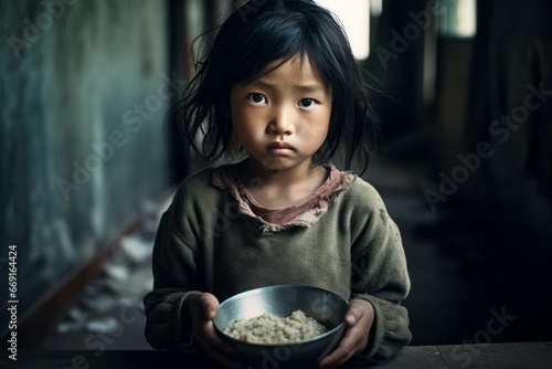 Dramatic photo of an undernourished Asian child in an unfit environment generative ai photo