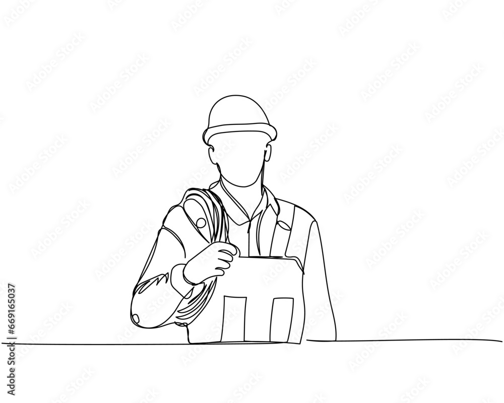 Builder with cable, hose in work uniform, protective overalls, hard hat, electrician one line art. Continuous line drawing of repair, professional, hand, people, concept, support, maintenance.