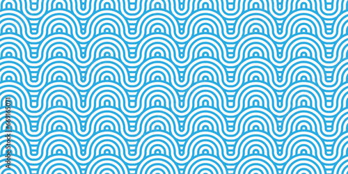 Seamless geometric ocean spiral pattern and abstract circle wave lines. blue seamless tile stripe geomatics overlapping create retro square line backdrop pattern background. Overlapping Pattern.