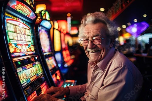 Senior man with gray hair and mustache immersed in playing slot machines while sitting in casino. Mature pensioner with glasses concentrated on playing slot machines smiles winning money in casino