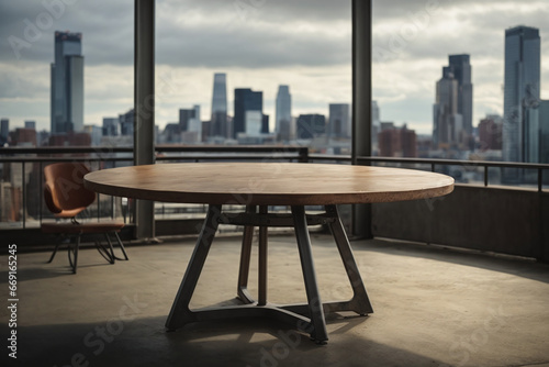 Industrial-style round table with a dramatic, urban skyline in the background.