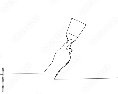 Small spatula for plaster in hand one line art. Continuous line drawing of repair, professional, hand, people, concept, support, maintenance.