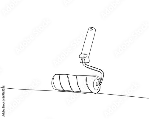 Paint roller, repair tools one line art. Continuous line drawing of repair, professional, service, concept, support, maintenance, work, technician, wrench.