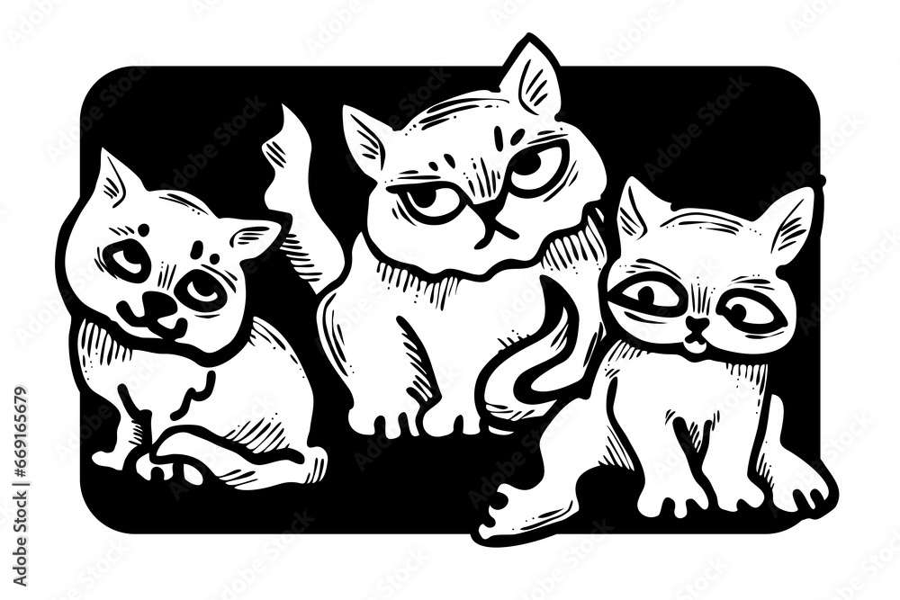 Cute cats friends sitting together. Decorative border, banner, postcard, poster print for kids room or birthday. Logo design for veterinary. Hand drawn illustration. Cartoon style character drawing.