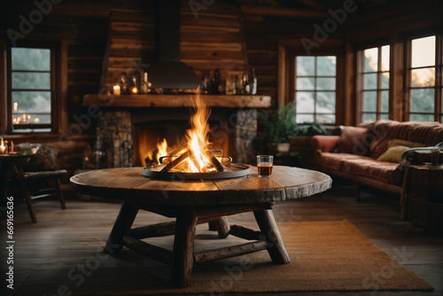 Round table by a cozy fireplace with a crackling fire and wooden log cabin walls.