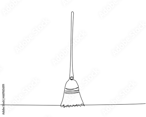 Broom, cleaning brush, construction, cleaning one line art. Continuous line drawing of repair, professional, hand, people, concept, support, maintenance.