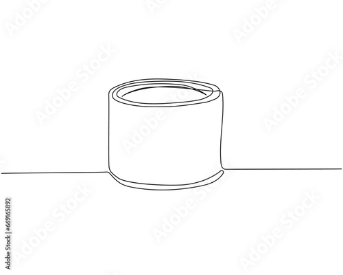 Can of paint, glue, varnish, thinner, building materials one line art. Continuous line drawing of repair, professional, hand, people, concept, support, maintenance.