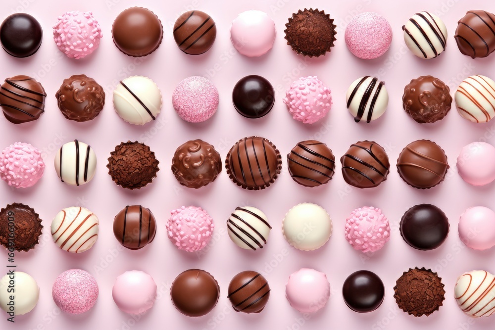 A Variety of Delicious Chocolates on a Sweet Pink Surface Created With Generative AI Technology A Variety of Delicious Chocolates on a Sweet Pink Surface Created With Generative AI Technology