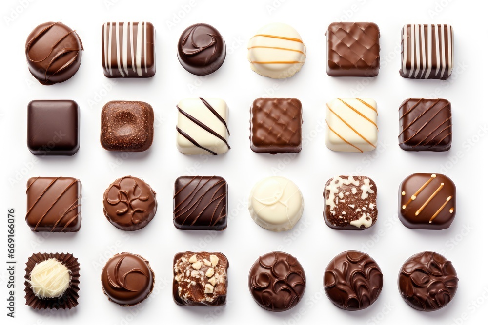 Assorted Chocolates Arranged on a Clean White Surface Created With Generative AI Technology Assorted Chocolates Arranged on a Clean White Surface Created With Generative AI Technology