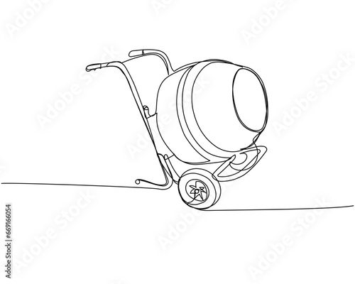 Portable concrete mixer, Electric Concrete Mixer, Cement Hand Mixer one line art. Continuous line drawing of repair, professional, hand, people, concept, support, maintenance.