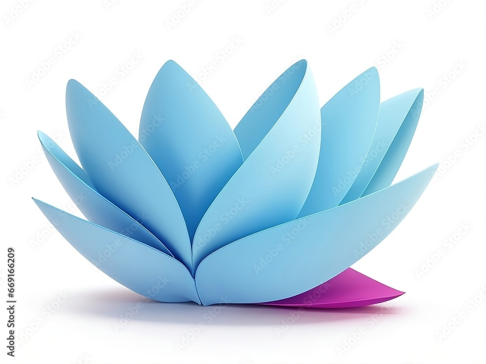 3D macro image of colorful curved sheets of paper shaped like a flower, on white background. Lotus flower isolated on white background. Origami paper flower style. 3D macro image of colorful curved sheets of paper shaped like a flower, on white background. Lotus flower isolated on white background. Origami paper flower style.