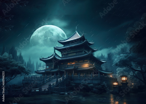 scene in japan castle at full moon night fantasy