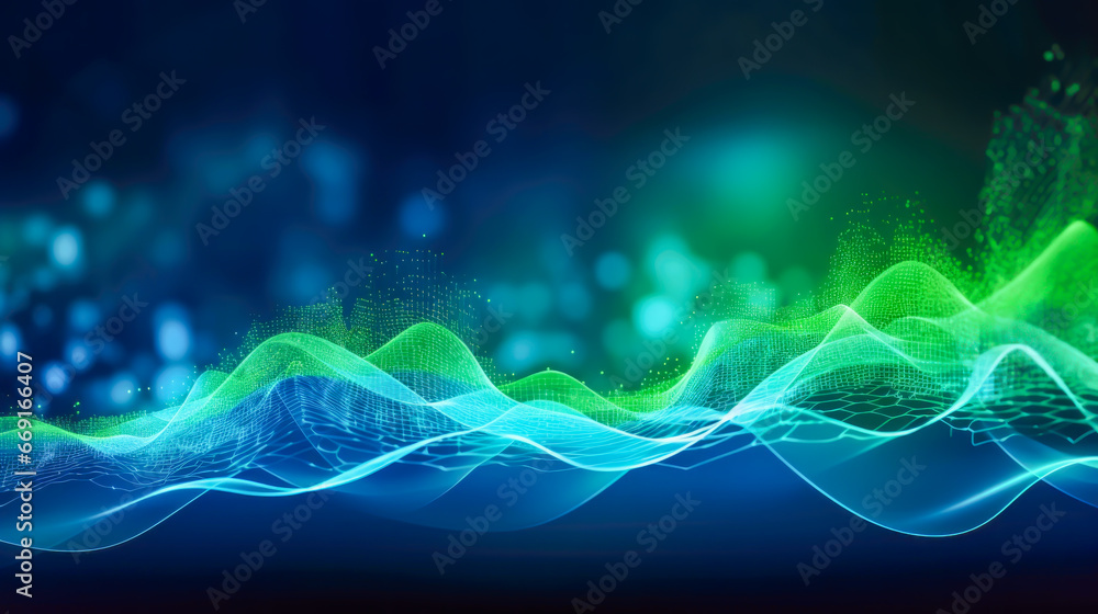 Digital abstract banner of neon ethereal waves of luminous blue and green ripple gracefully across, glow pulses with energy, evoking sense of serene motion. Aesthetic innovation cyber background