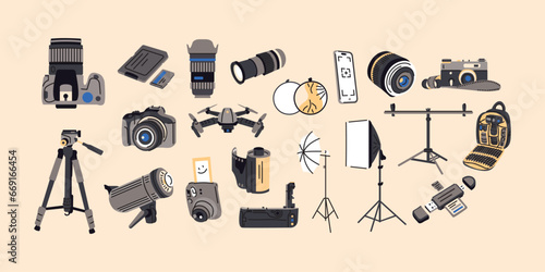 Camera devices color icons. Professional equipments.