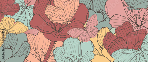 Multicolored floral vector background with delicate tulips and butterflies. Background for decor, wallpaper, covers, cards and presentations.