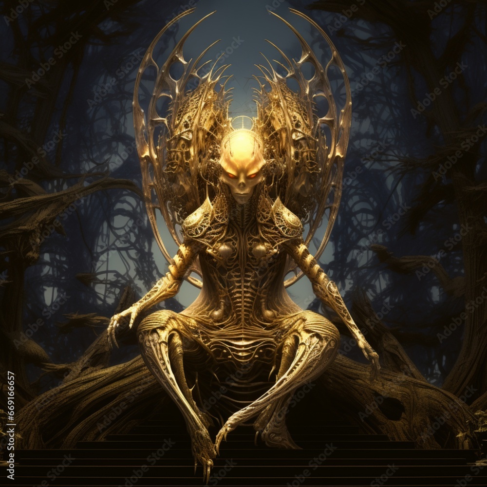 A space alien sits on a golden throne Ai generated art