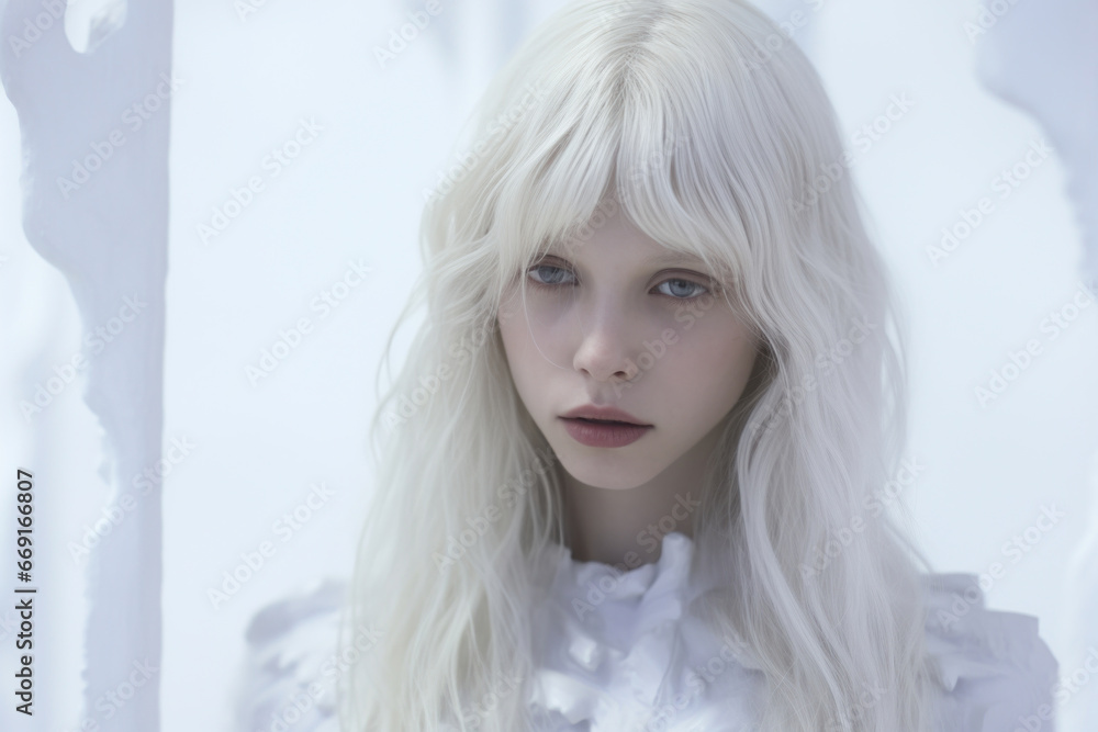 Young woman with white hair in white clothes and a bright room Young woman with white hair in white clothes and a bright room