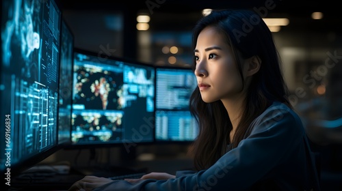 Women in tech, a female software engineer immersed in her work, surrounded by screens of code and collaborating with diverse team members.