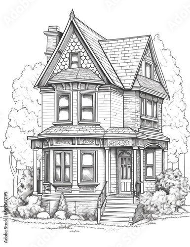 Outline art for a cute little house suitable for a coloring book page. Black and white illustration. White background.