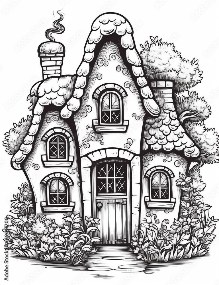 Outline art for a cute little house suitable for a coloring book page. Black and white illustration. White background.