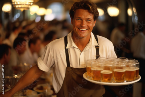 Waiter in a pub carrying a tray of beer glasses, with a cheerful smile