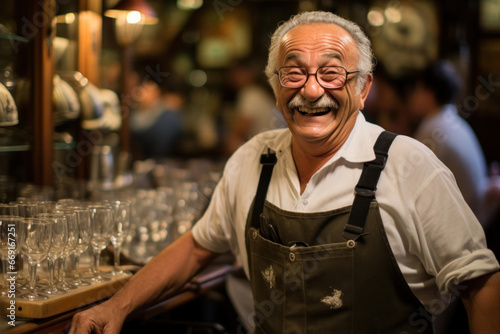 A cheerful elderly man in glasses smiles against the background of a bar counter.pub worker