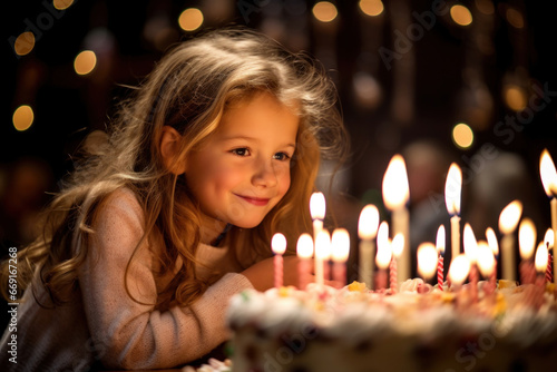 A young, joyful girl sits in front of a birthday cake with glowing candles