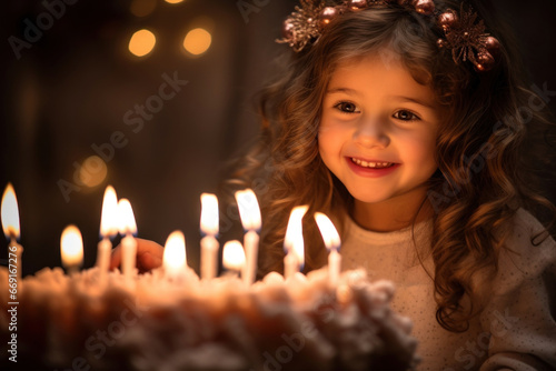 Birthday celebration: a cheerful girl gazes at her cake, candles casting a warm glow © Konstiantyn Zapylaie
