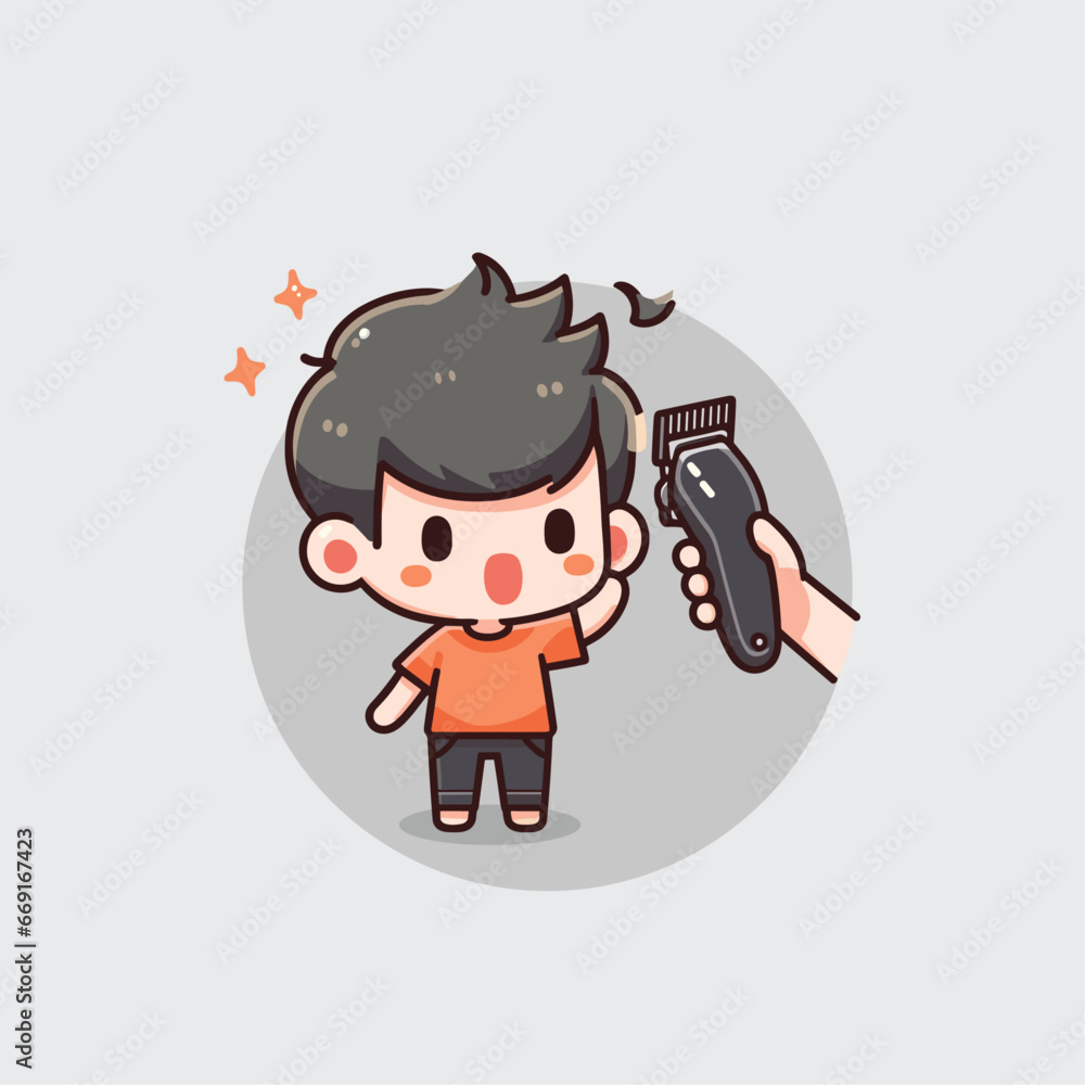 Hand holding hair clipper to cut boy's hair  - cute hair cut vector illustration icon concept