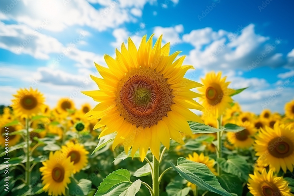 Beautiful sunflower field under blue sky with clouds on sunny day