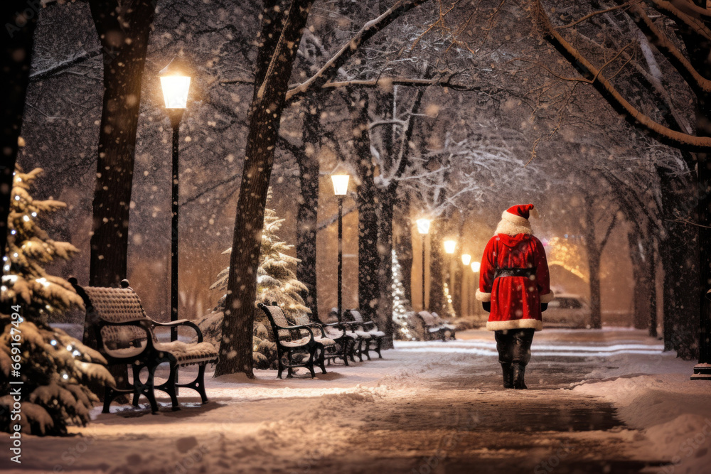 Illustration of a New Year's snow-covered street in the park along which Santa Claus walks Illustration of a New Year's snow-covered street in the park along which Santa Claus walks
