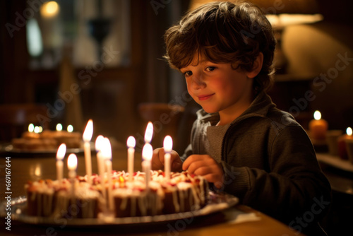A little boy stares at the burning candles adorning the festive dessert  enchanted by the celebratory mood