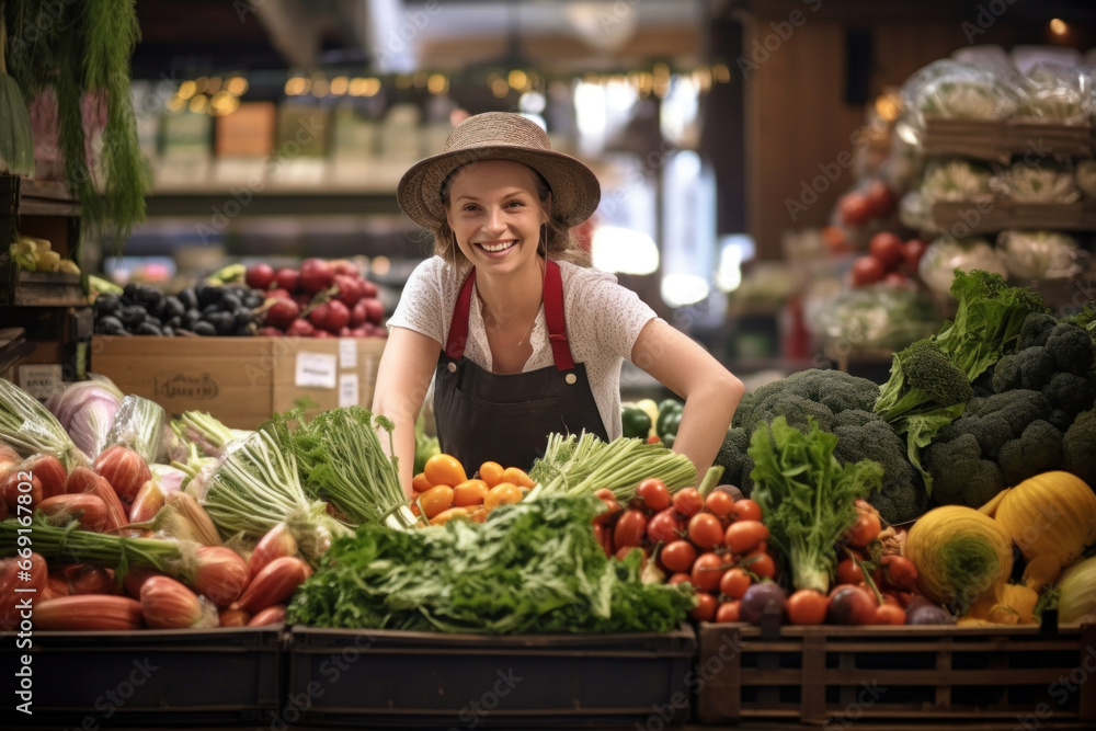 Cheerful lady at the vegetable stall serves customers with a bright and friendly attitude